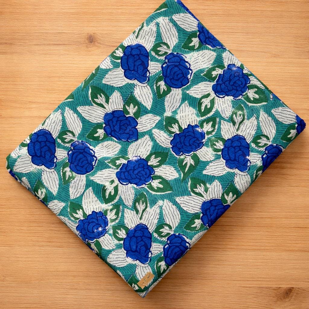 Loose Running Cotton Fabric | Blue Floral Printed Fabric by Yard | Soft Lightweight Sewing Cloth for Dressmaking | Loose Running Fabric