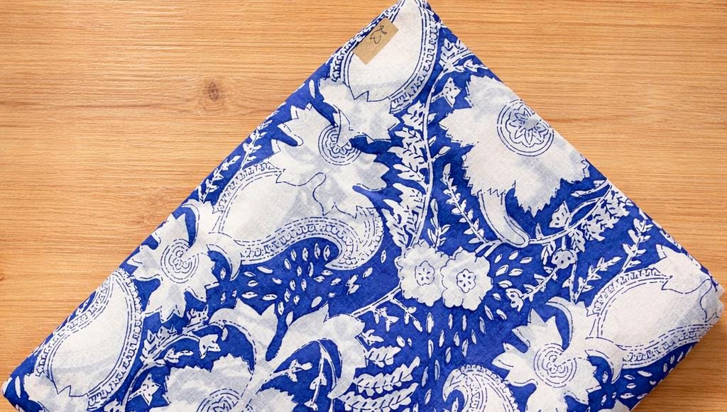Indian Hand Block Blue White Floral Printed Cotton Fabric By The Yard, Running Cotton Fabric, Soft Lightweight Fabric, Loose Running Fabric