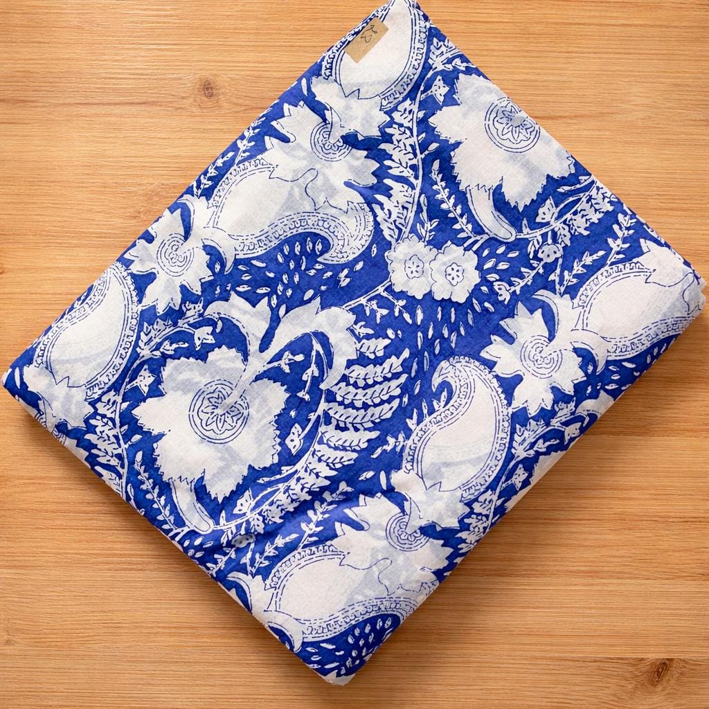Indian Hand Block Blue White Floral Printed Cotton Fabric By The Yard, Running Cotton Fabric, Soft Lightweight Fabric, Loose Running Fabric