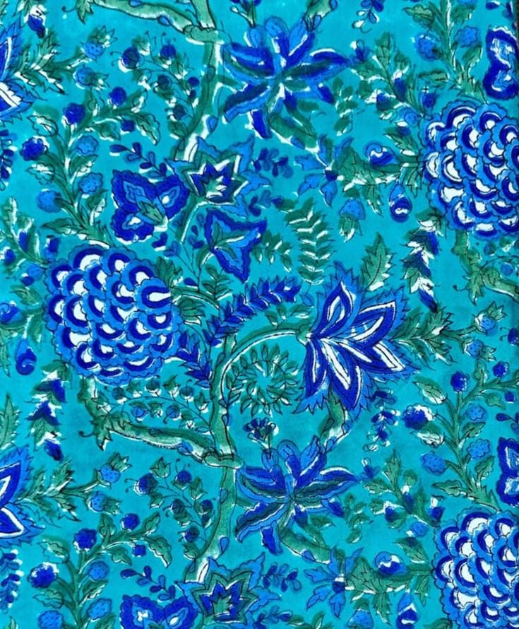 Teal Blue Floral Printed Cotton Cloth, Indian Hand Block Soft Lightweight Sewing Fabric for Dressmaking, Running Cotton Fabric by Yard, Gift