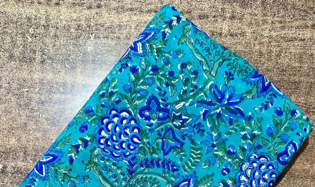 Teal Blue Floral Printed Cotton Cloth, Indian Hand Block Soft Lightweight Sewing Fabric for Dressmaking, Running Cotton Fabric by Yard, Gift