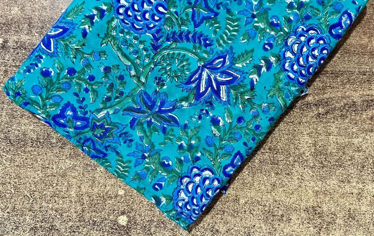 Teal Blue Floral Printed Cotton Cloth, Indian Hand Block Soft Lightweight Sewing Fabric for Dressmaking, Running Cotton Fabric by Yard, Gift