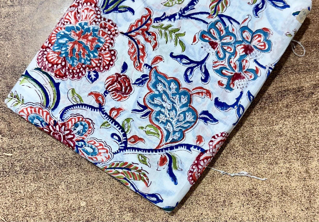 Light Blue Floral Cotton Fabric, Multi Color Hand Block Print By The Yard, Indian Soft Cotton For Quilting, Dressmaking and Seweing Crafts
