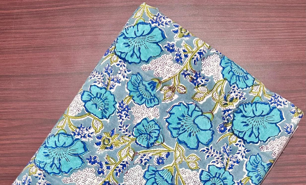 Blue Rose Pattern Cotton Fabric, Cute Flower Fabric, Hand Block Print Fabric, Indian Cotton Textile, Sewing Quilting, Loose Running Fabric