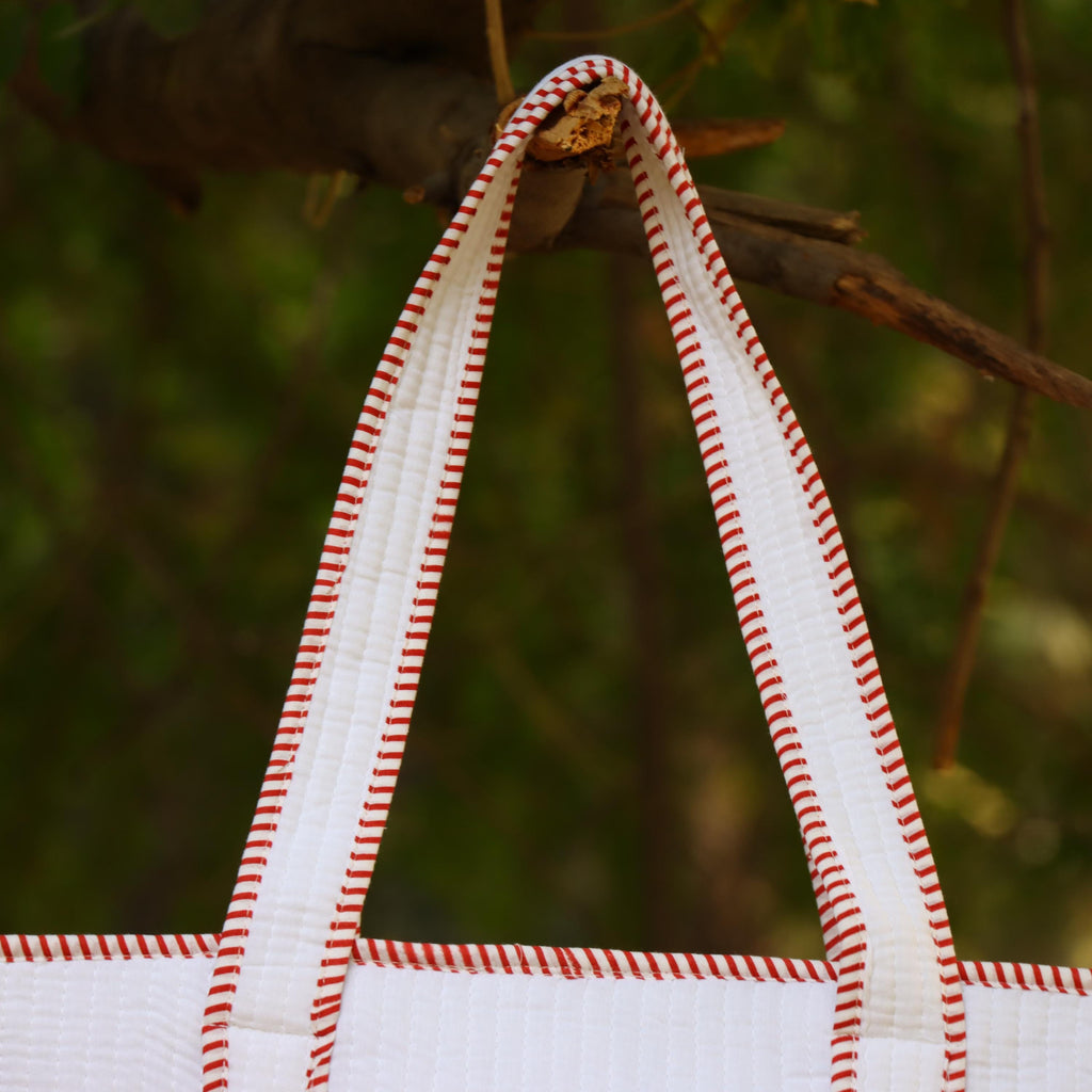 Handmade Quilted Tote Bag with Floral Embroidery, Cotton White Shoulder Bag, Eco Friendly Reusable Bag, Boho Everyday Carry Tote