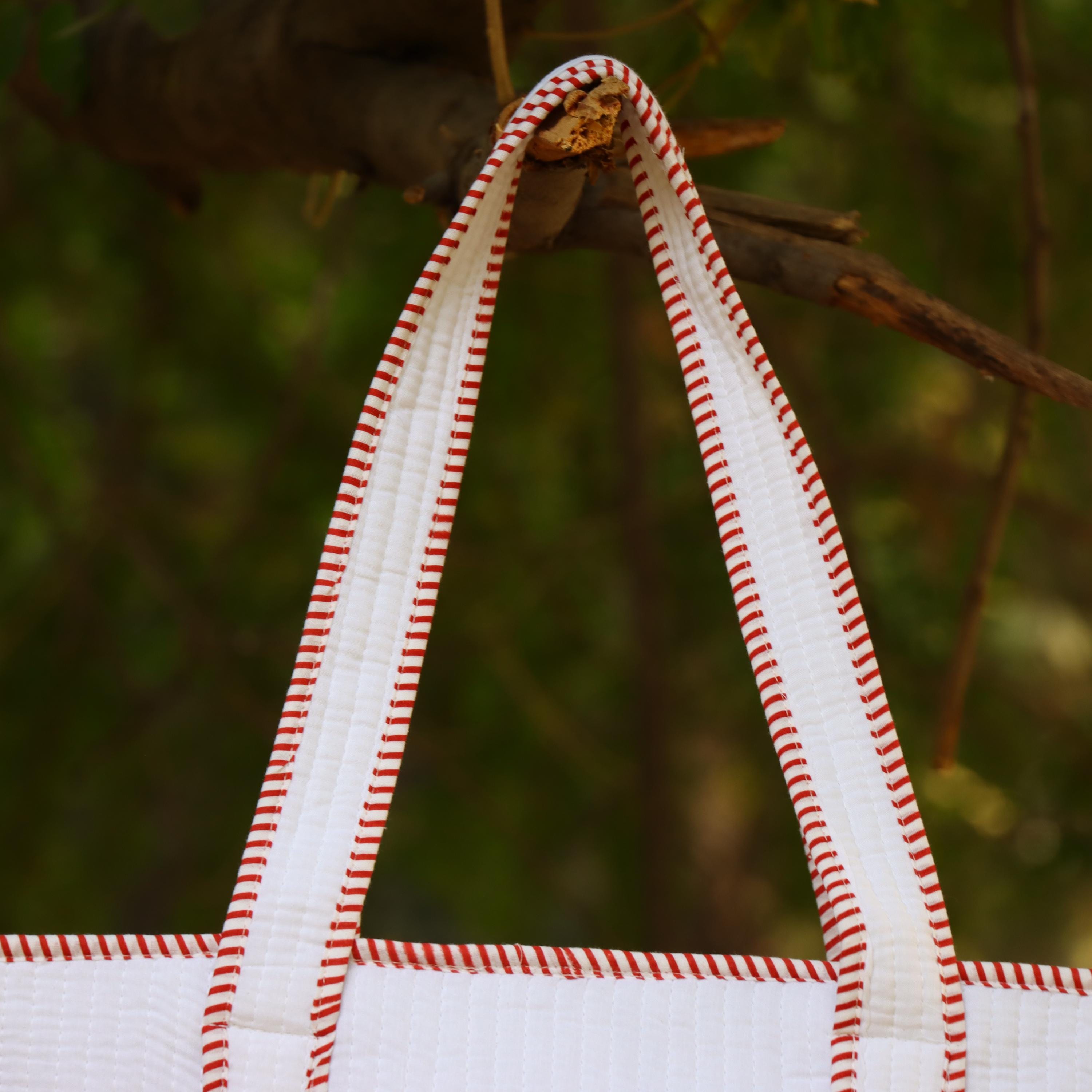 Handmade Quilted Tote Bag with Floral Embroidery, Cotton White Shoulder Bag, Eco Friendly Reusable Bag, Boho Everyday Carry Tote