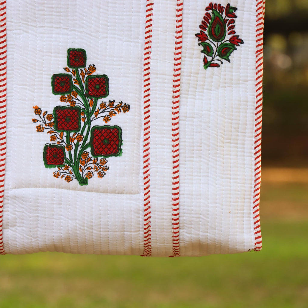 Handmade Quilted Tote Bag with Floral Embroidery, Cotton White Shoulder Bag, Eco Friendly Reusable Bag, Boho Everyday Carry Tote