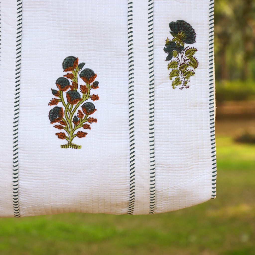 Hand Block White Cotton Floral Block Print Shoulder Bag, Handmade Quilted Tote Bag, Quilted Tote Bag, Indian Bags Shopping Bags, Women's Bag