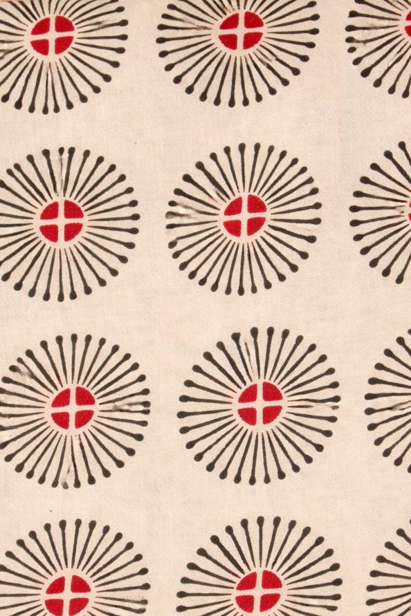 Cream Sunburst Print Cotton Fabric, Black Red Geometric Hand Block Print, Indian Cotton Textile, Sewing Quilting, Loose Running Fabric