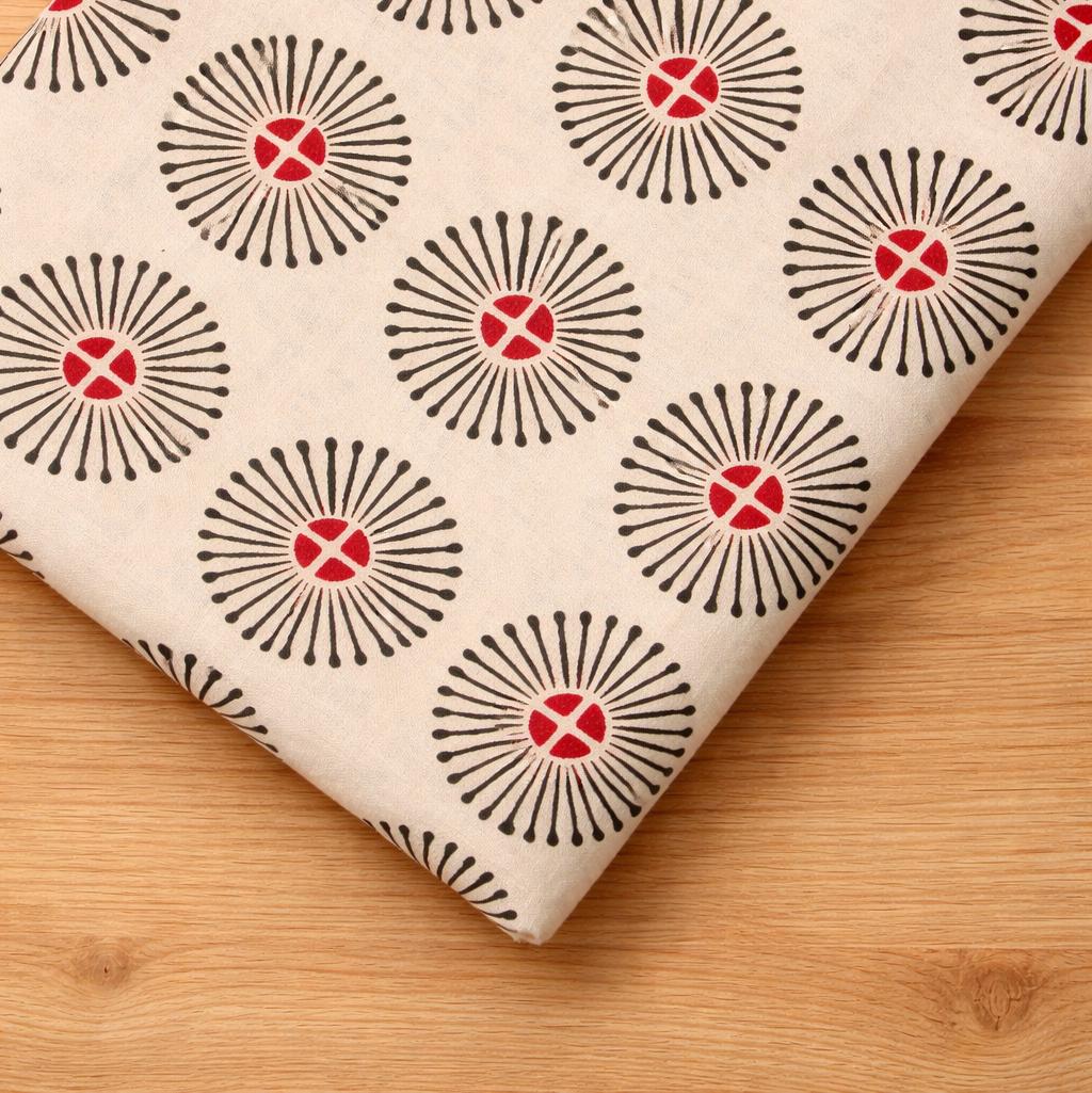 Cream Sunburst Print Cotton Fabric, Black Red Geometric Hand Block Print, Indian Cotton Textile, Sewing Quilting, Loose Running Fabric