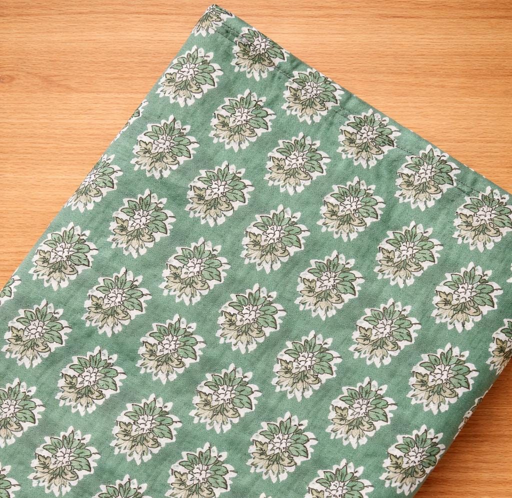 Green Floral Cotton Fabric by the Yard, Block Print Style Cotton Cloth, Soft Lightweight Cotton Fabric for Sewing, Quilting, Dressmaking