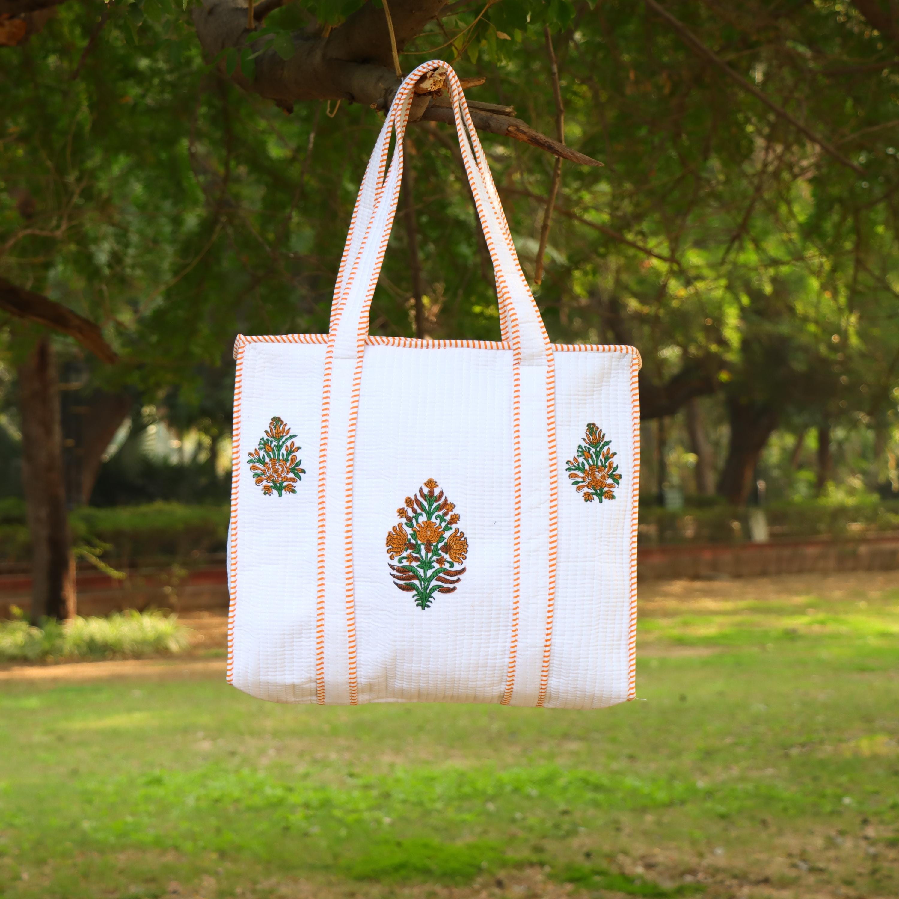 Hand Block Print Cotton Tote Bag, Floral White Shopping Bag, Eco Friendly Reusable Bag, Quilted Indian Tote, Gift for Her, Beach Bag