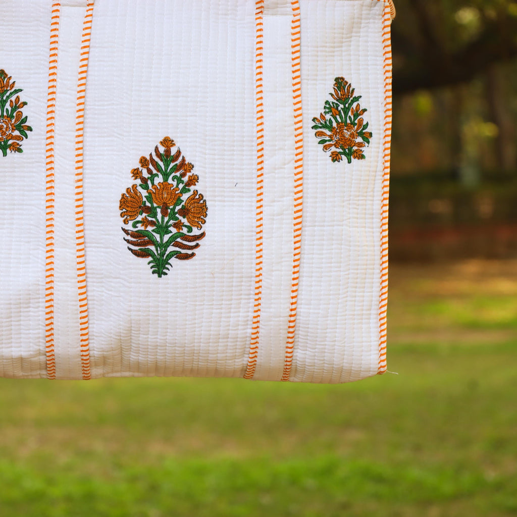 Hand Block Print Cotton Tote Bag, Floral White Shopping Bag, Eco Friendly Reusable Bag, Quilted Indian Tote, Gift for Her, Beach Bag