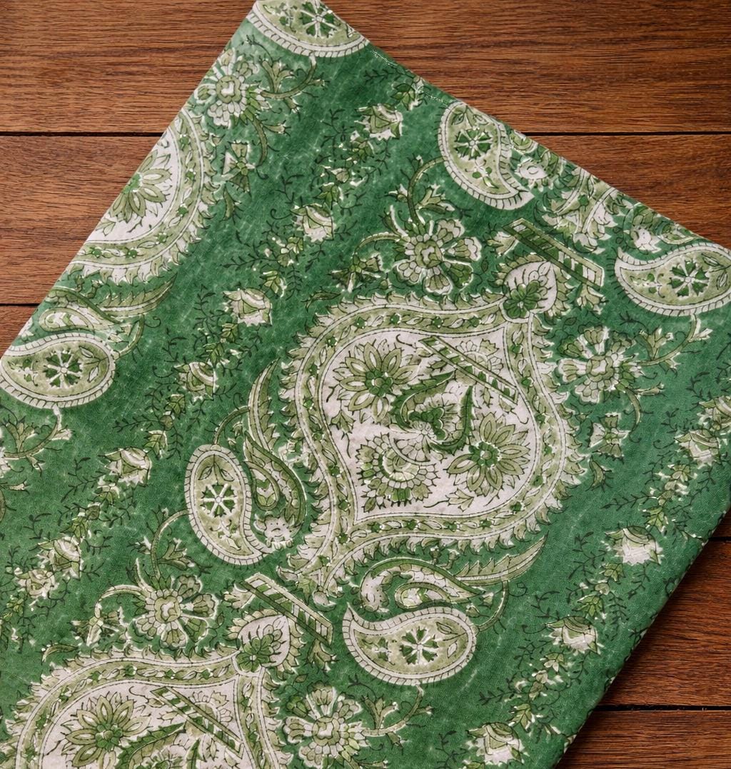 Green Paisley Floral Cotton Fabric by the Yard, Indian Block Print Cotton Cloth, Soft Cotton Fabric for Sewing, Quilting, Dressmaking