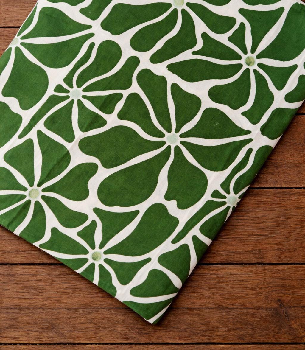 Green White Floral Cotton Fabric, Hand Block Print Fabric, Indian Cotton Textile, 100% Cotton Quilting Fabric By The Yard, Running Fabric