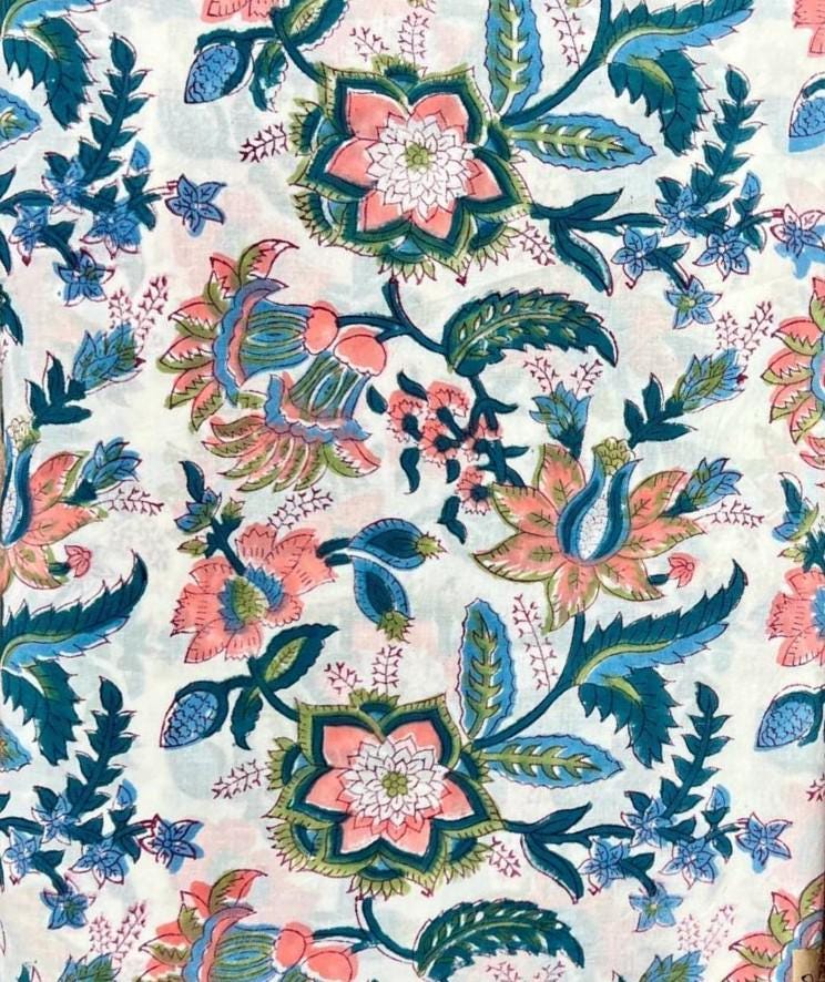 Colourful Soft Floral Cotton Fabric, Hand Block Print Fabric by Yard, Indian Cotton Cloth, Sewing Quilting Dressmaking, Loose Running Fabric