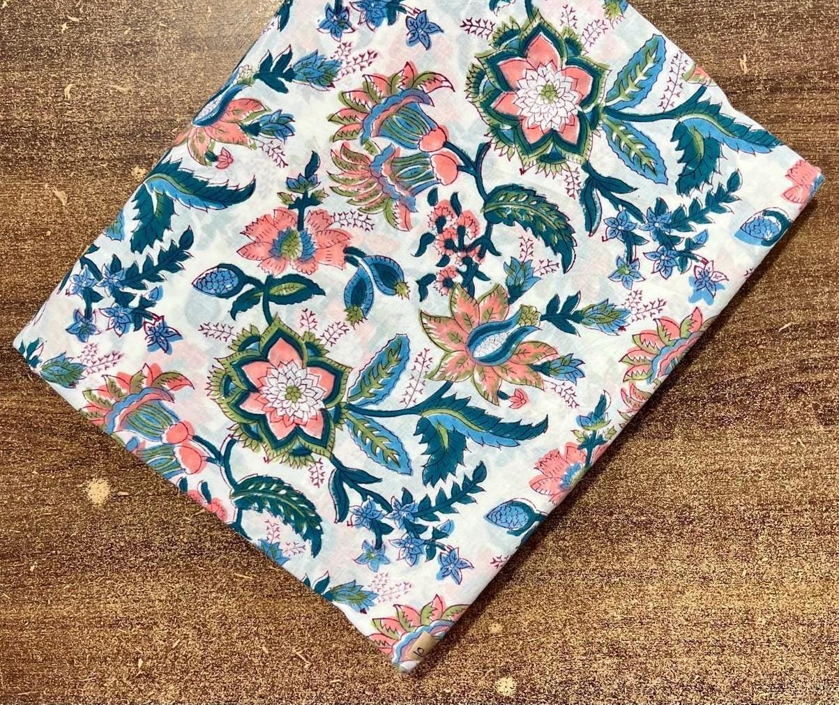 Colourful Soft Floral Cotton Fabric, Hand Block Print Fabric by Yard, Indian Cotton Cloth, Sewing Quilting Dressmaking, Loose Running Fabric