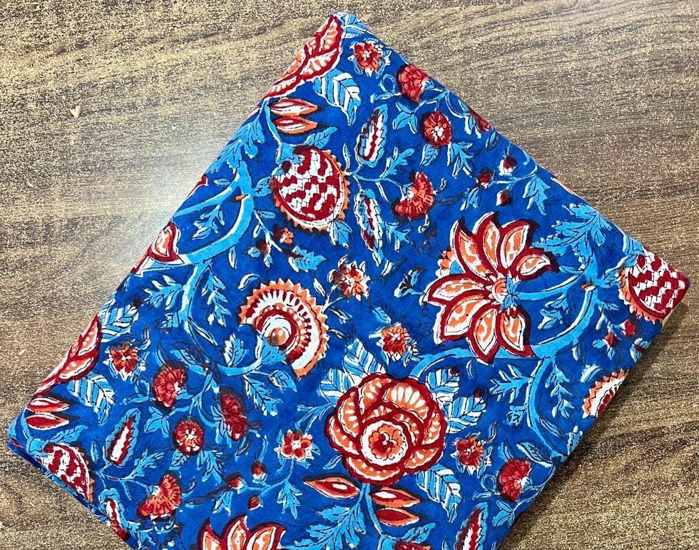 Blue Floral Cotton Fabric by Yard, Indian Block Print Cotton Cloth, Handmade Sewing Quilting Dressmaking Fabric, Running Cotton Fabric
