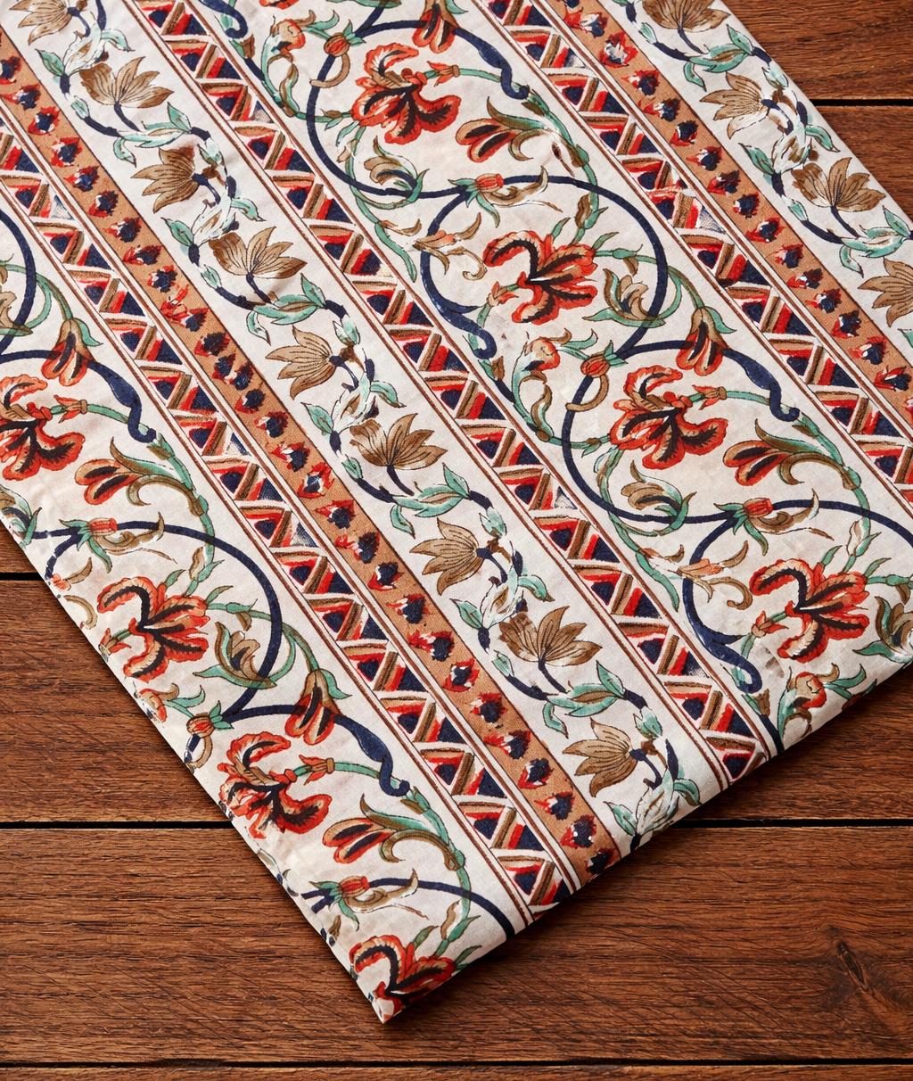 Floral Vine with Geometric Border, Indian Ethnic Cotton Textile, Indian Hand Block Print Cotton Fabric, Loose Running Fabric, Napkins Fabric