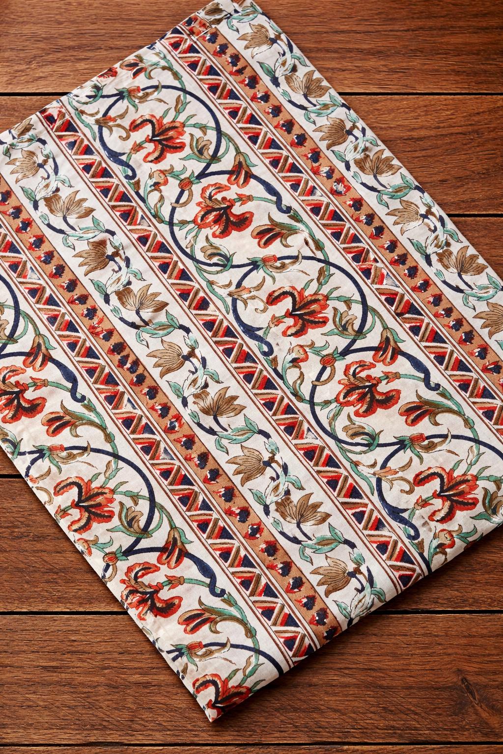 Floral Vine with Geometric Border, Indian Ethnic Cotton Textile, Indian Hand Block Print Cotton Fabric, Loose Running Fabric, Napkins Fabric