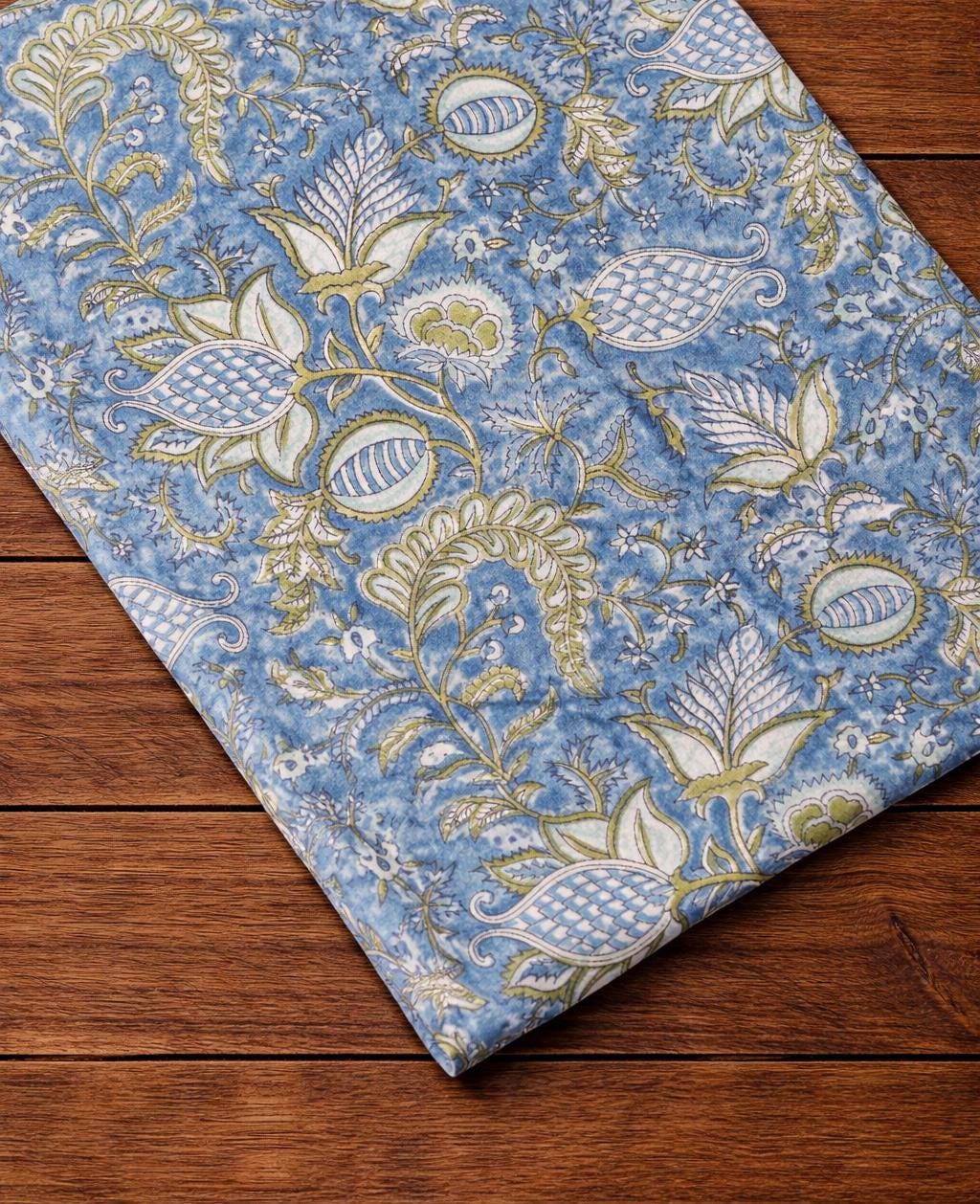 Blue Floral Hand Block Print Cotton Fabric, Indian Botanical Cotton Textile for Sewing, Quilting, Dressmaking, Loose Running Fabric, Napkins