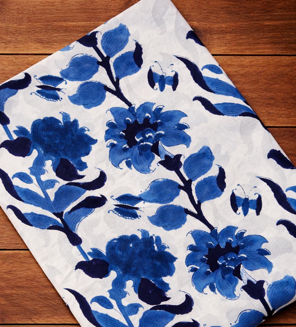 Blue Floral Cotton Fabric, Hand Block Print Fabric by Yard, White Indigo Flower Print Cotton Cloth for Sewing, Quilting, Dressmaking, Napkin