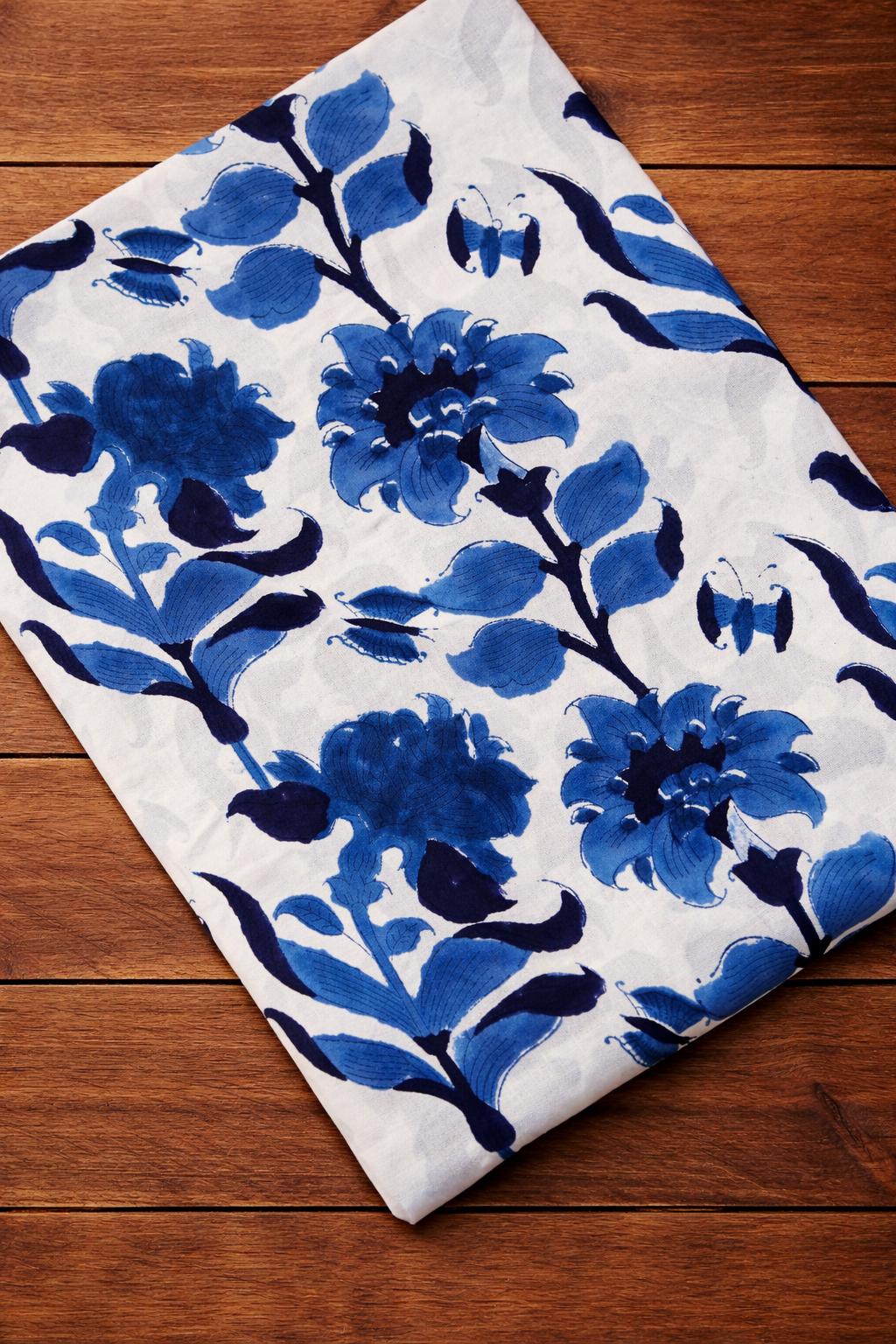 Blue Floral Cotton Fabric, Hand Block Print Fabric by Yard, White Indigo Flower Print Cotton Cloth for Sewing, Quilting, Dressmaking, Napkin