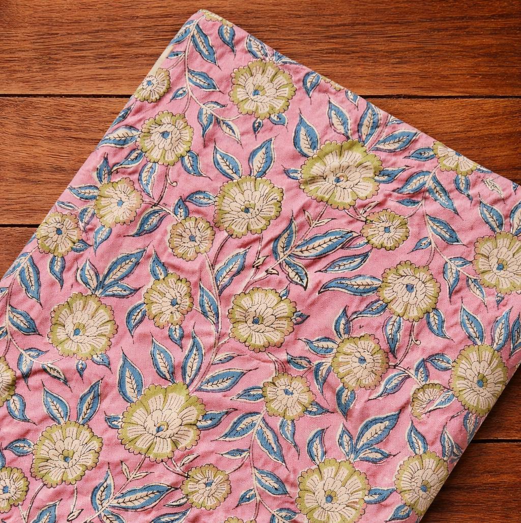 Pink Floral Cotton Fabric, Hand Block Print Fabric by Yard, Indian Flower Print Cotton Cloth for Sewing, Quilting, Dressmaking, Napkins