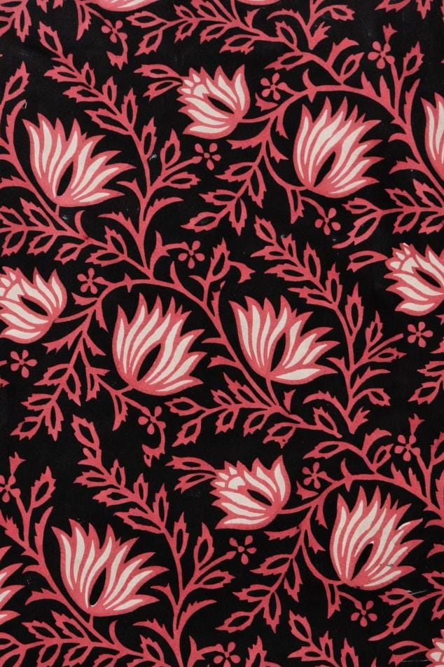 Black & Pink Floral Hand Block Print Cotton Fabric | Indian Lotus Print Textile | Dressmaking Quilting Craft Fabric | Loose Running Fabric