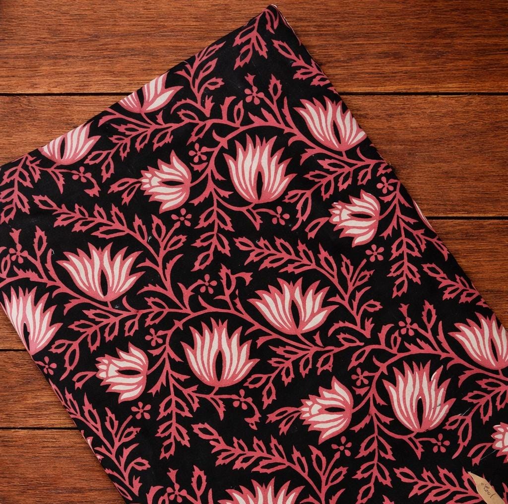 Black & Pink Floral Hand Block Print Cotton Fabric | Indian Lotus Print Textile | Dressmaking Quilting Craft Fabric | Loose Running Fabric