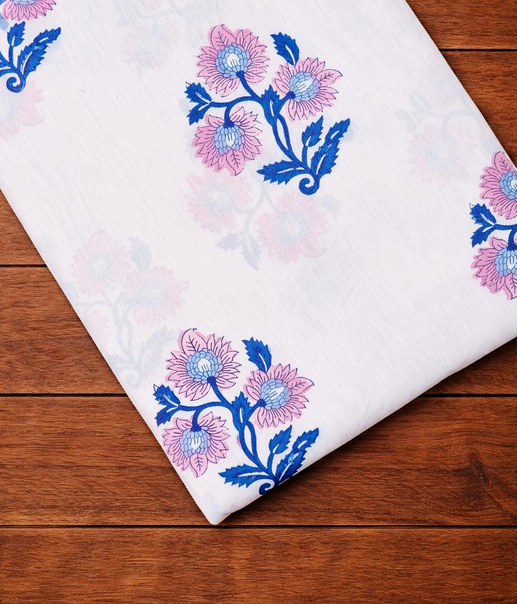 White Floral Cotton Fabric | Blue Pink Hand Block Print Fabric | Indian Floral Cotton Cloth for Sewing, Dressmaking | Loose Running Fabric