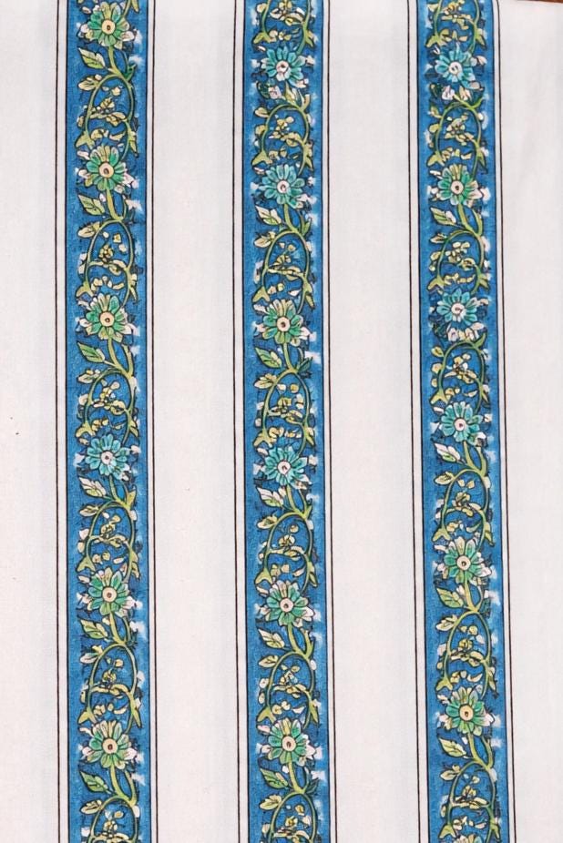 White Striped Floral Cotton Fabric | Blue Green Hand Block Print Cotton | Indian Stripe Fabric for Sewing, Quilting, Dressmaking | Fabrics