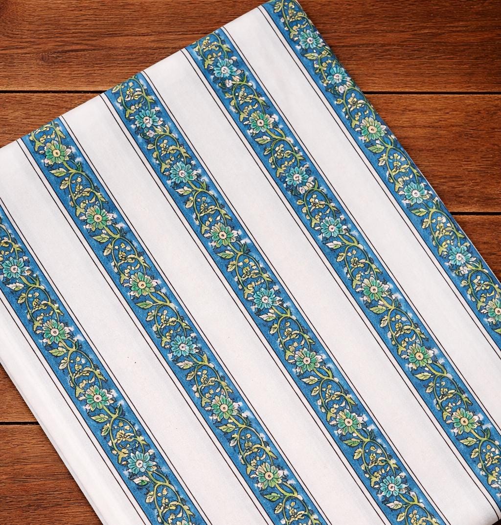 White Striped Floral Cotton Fabric | Blue Green Hand Block Print Cotton | Indian Stripe Fabric for Sewing, Quilting, Dressmaking | Fabrics