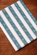 White Striped Floral Cotton Fabric | Blue Green Hand Block Print Cotton | Indian Stripe Fabric for Sewing, Quilting, Dressmaking | Fabrics