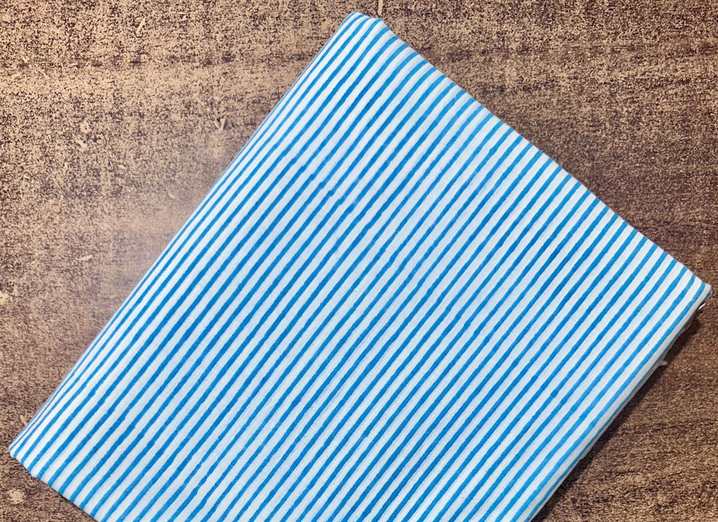 Blue White Striped Cotton Fabric | Hand Block Print Indian Cotton | Natural Cotton Fabric for Sewing Quilting | Wooden Background | Napkins