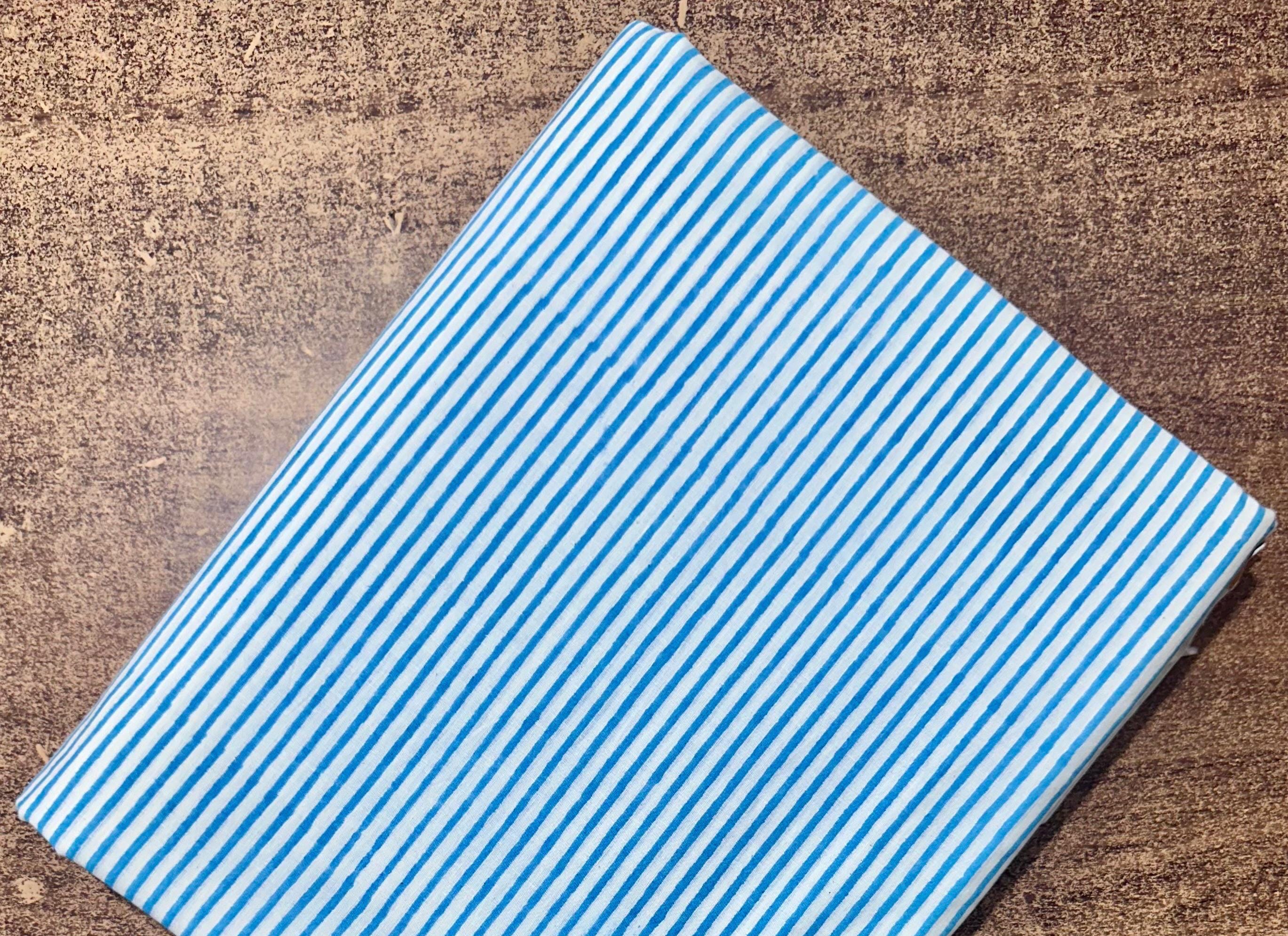 Blue White Striped Cotton Fabric | Hand Block Print Indian Cotton | Natural Cotton Fabric for Sewing Quilting | Wooden Background | Napkins