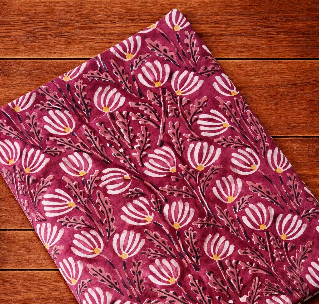 Pink Indian Hand Block Print Fabric, Floral 100% Cotton Quilting Fabric By The Yard, Fabric For Dress Making, Loose Running Fabric