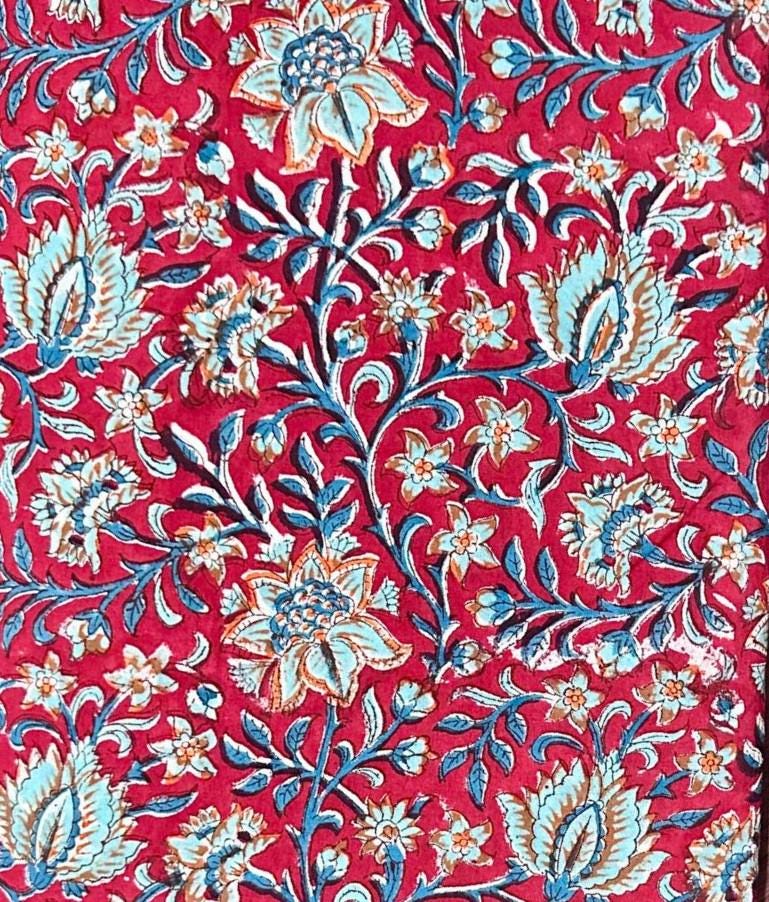 Red Floral Cotton Fabric | Hand Block Print Cotton | Indian Printed Fabric for Sewing, Quilting, Dressmaking & Home Decor | Cotton Napkins