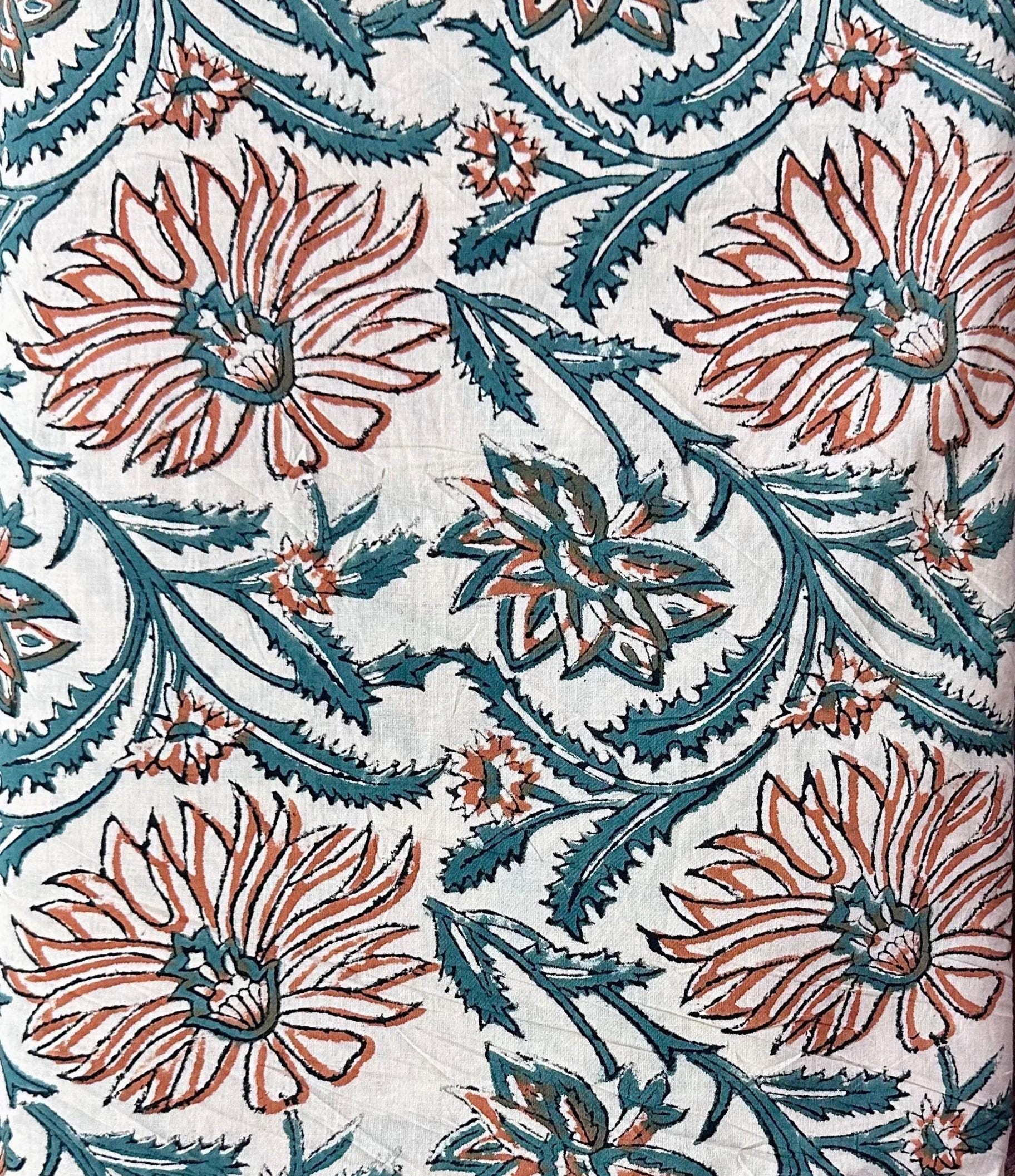Beige Floral Block Print Cotton Fabric by the Yard | Handcrafted Indian Cotton for Sewing, Quilting & Apparel | Quilting Dressmaking Fabric