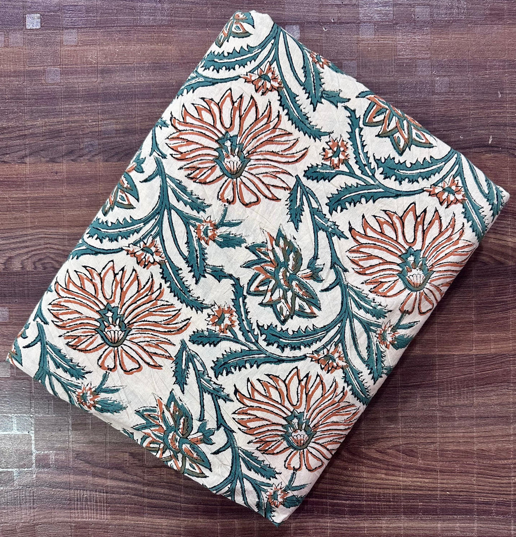 Beige Floral Block Print Cotton Fabric by the Yard | Handcrafted Indian Cotton for Sewing, Quilting & Apparel | Quilting Dressmaking Fabric