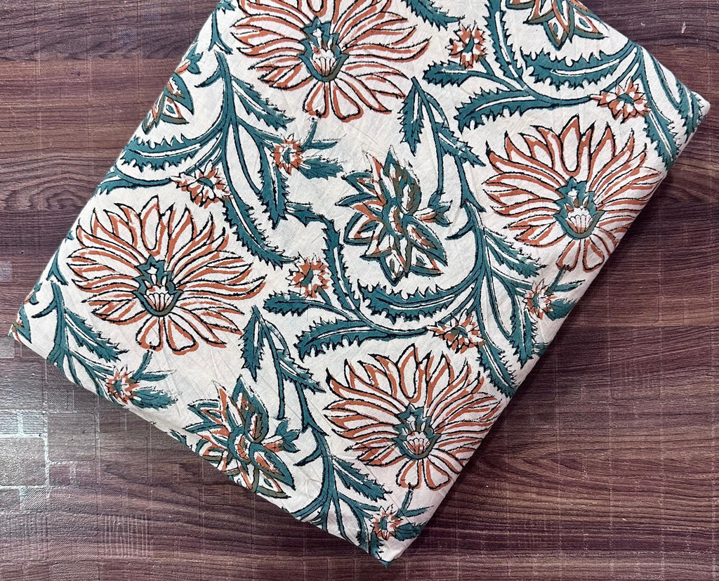 Beige Floral Block Print Cotton Fabric by the Yard | Handcrafted Indian Cotton for Sewing, Quilting & Apparel | Quilting Dressmaking Fabric