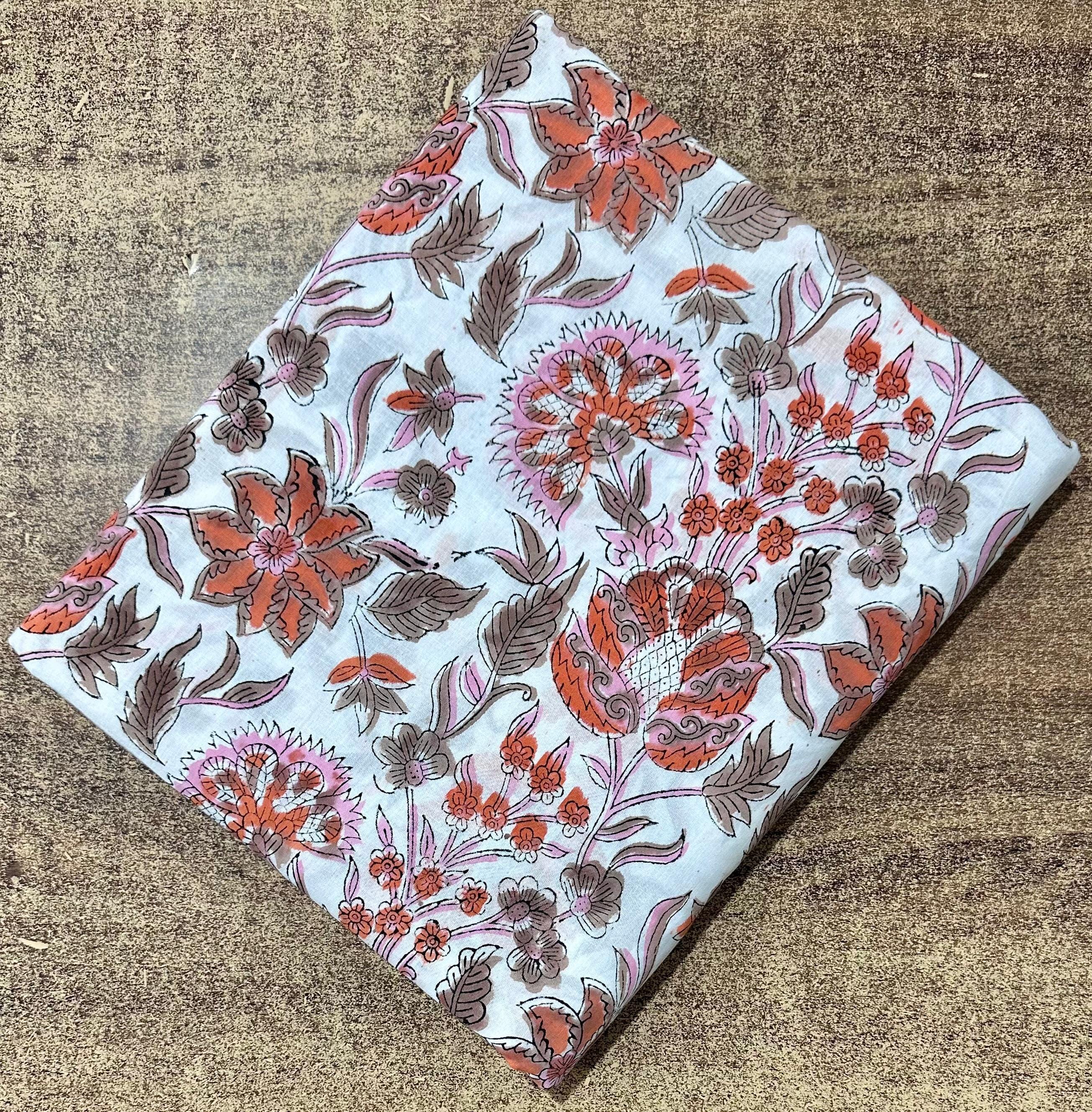 Floral Cotton Fabric by the Yard | Beige & Peach Hand Block Print Indian Cotton for Sewing, Quilting Fabric Dressmaking Loose Running Cloth