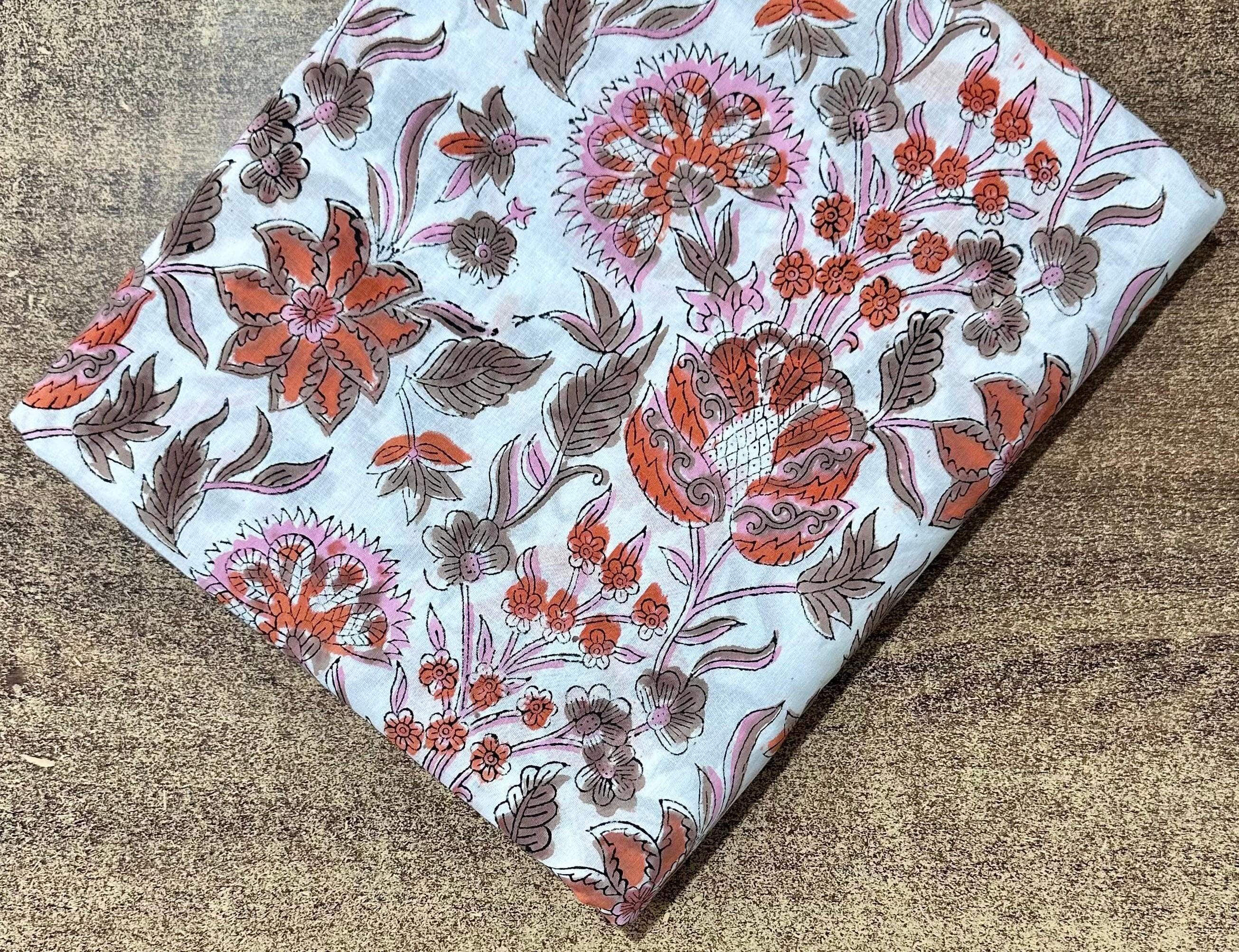 Floral Cotton Fabric by the Yard | Beige & Peach Hand Block Print Indian Cotton for Sewing, Quilting Fabric Dressmaking Loose Running Cloth