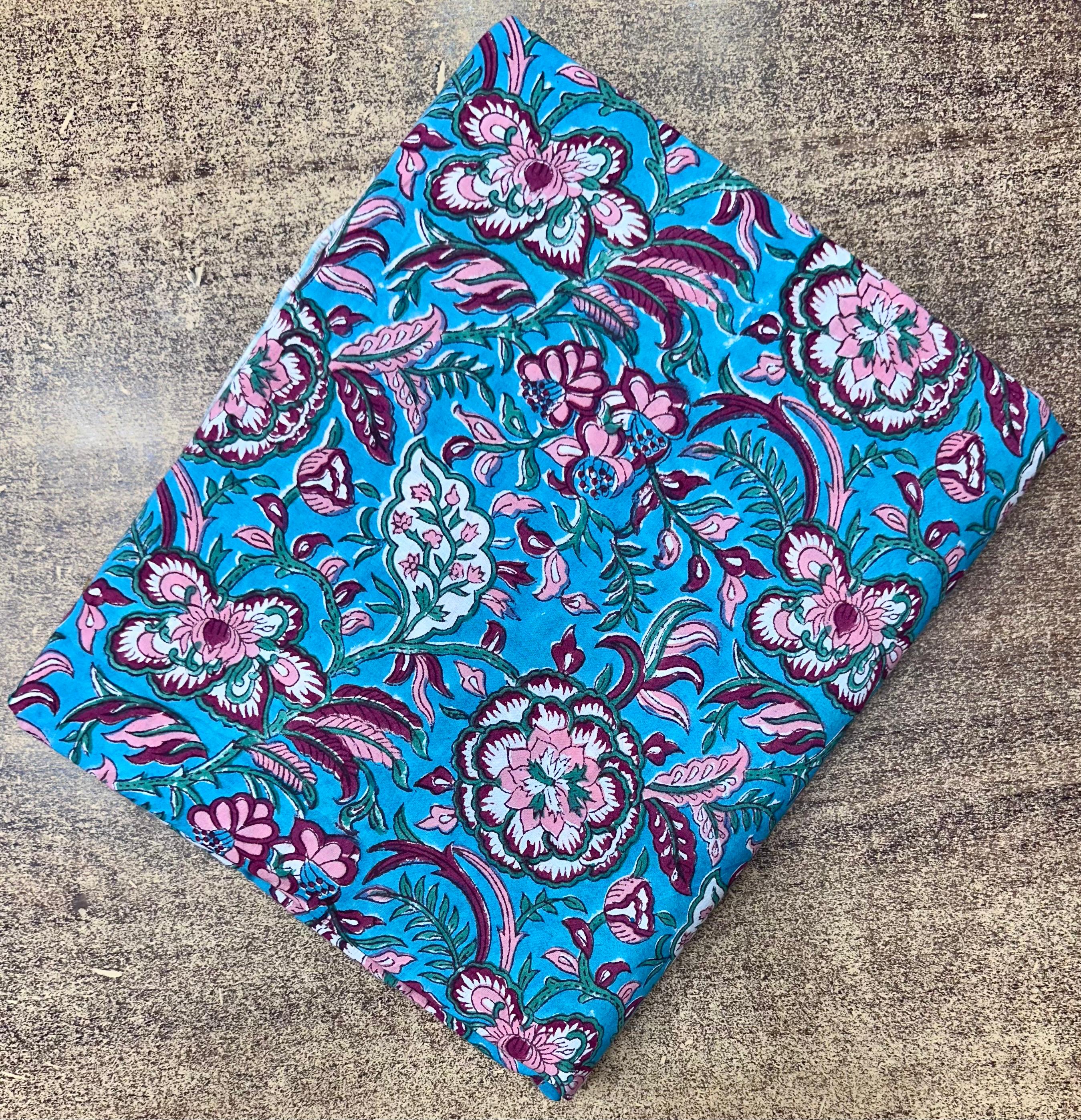 Turquoise Floral Cotton Fabric by the Yard | Pink Hand Block Print Indian Cotton for Quilting, Sewing & Dressmaking | Napkins Fabric, Table
