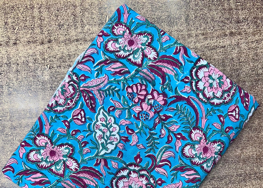 Turquoise Floral Cotton Fabric by the Yard | Pink Hand Block Print Indian Cotton for Quilting, Sewing & Dressmaking | Napkins Fabric, Table