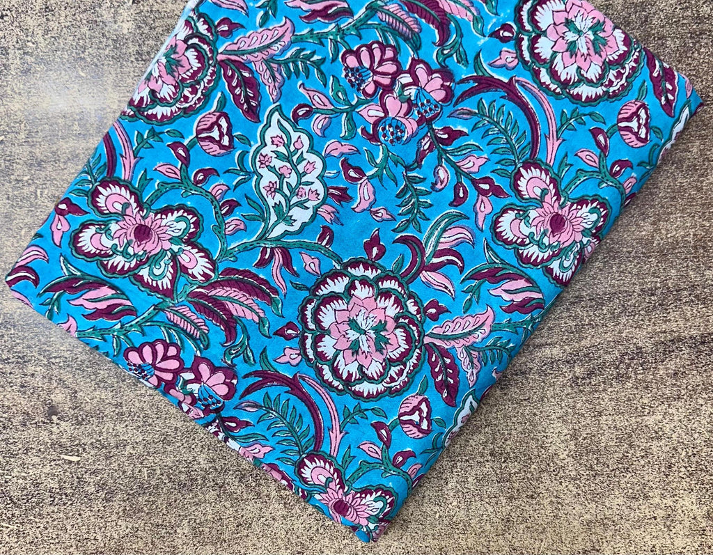 Turquoise Floral Cotton Fabric by the Yard | Pink Hand Block Print Indian Cotton for Quilting, Sewing & Dressmaking | Napkins Fabric, Table