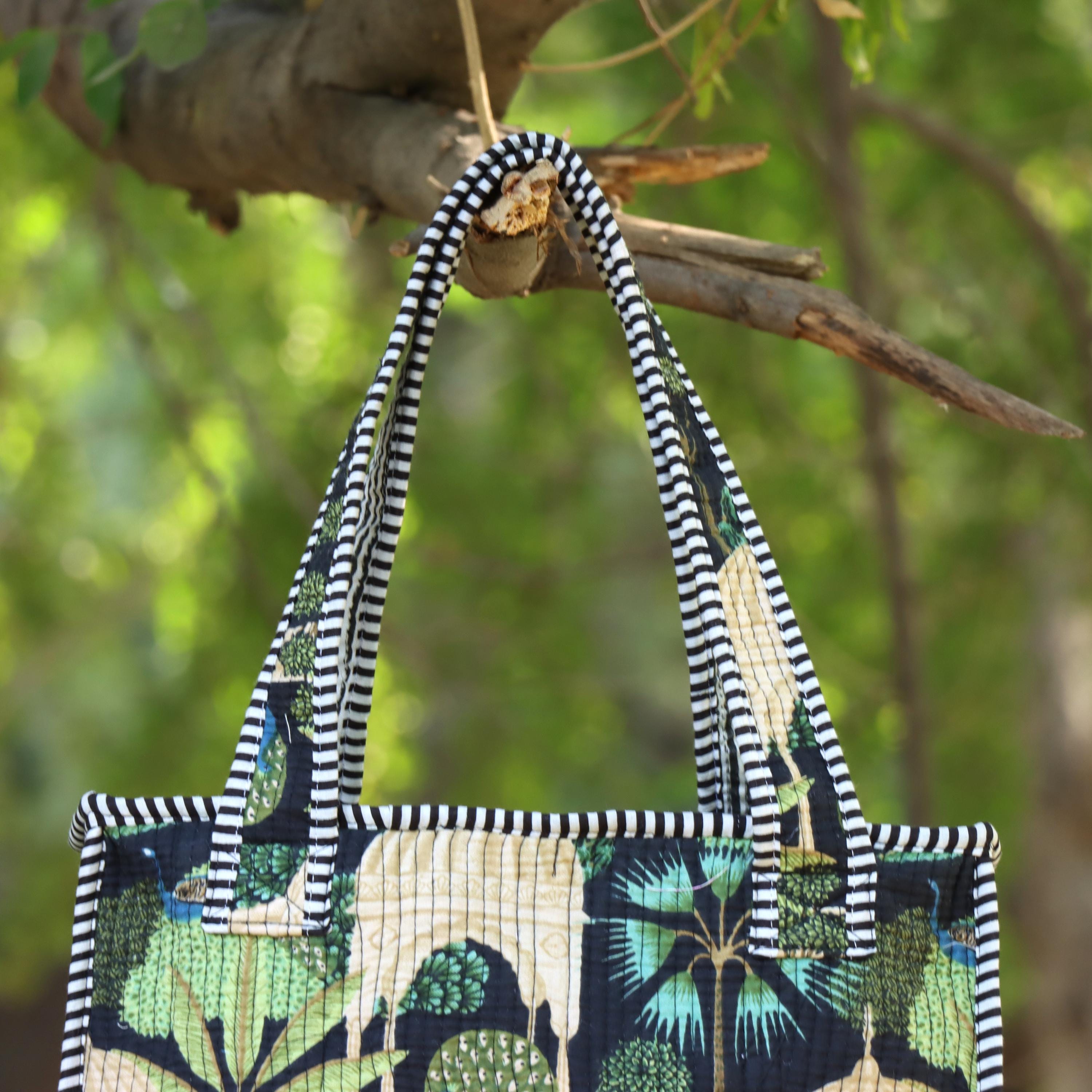 Handmade Quilted Cotton Tote Bag, Forest Print Shoulder Bag