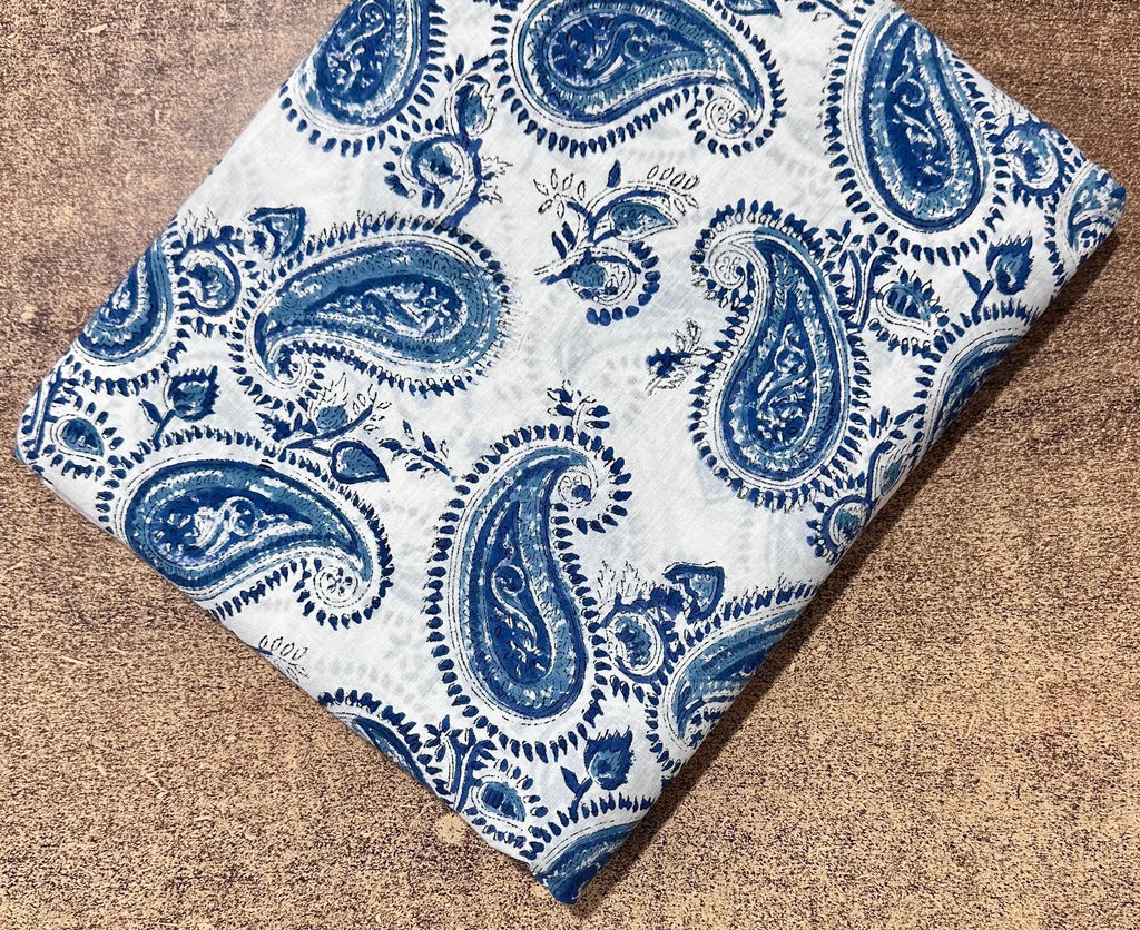 Indigo Blue Paisleyi Indian Hand Block Print Fabric, Soft Cotton Fabric, Floral 100% Cotton Fabric By The Yard, Fabric For Loose Running