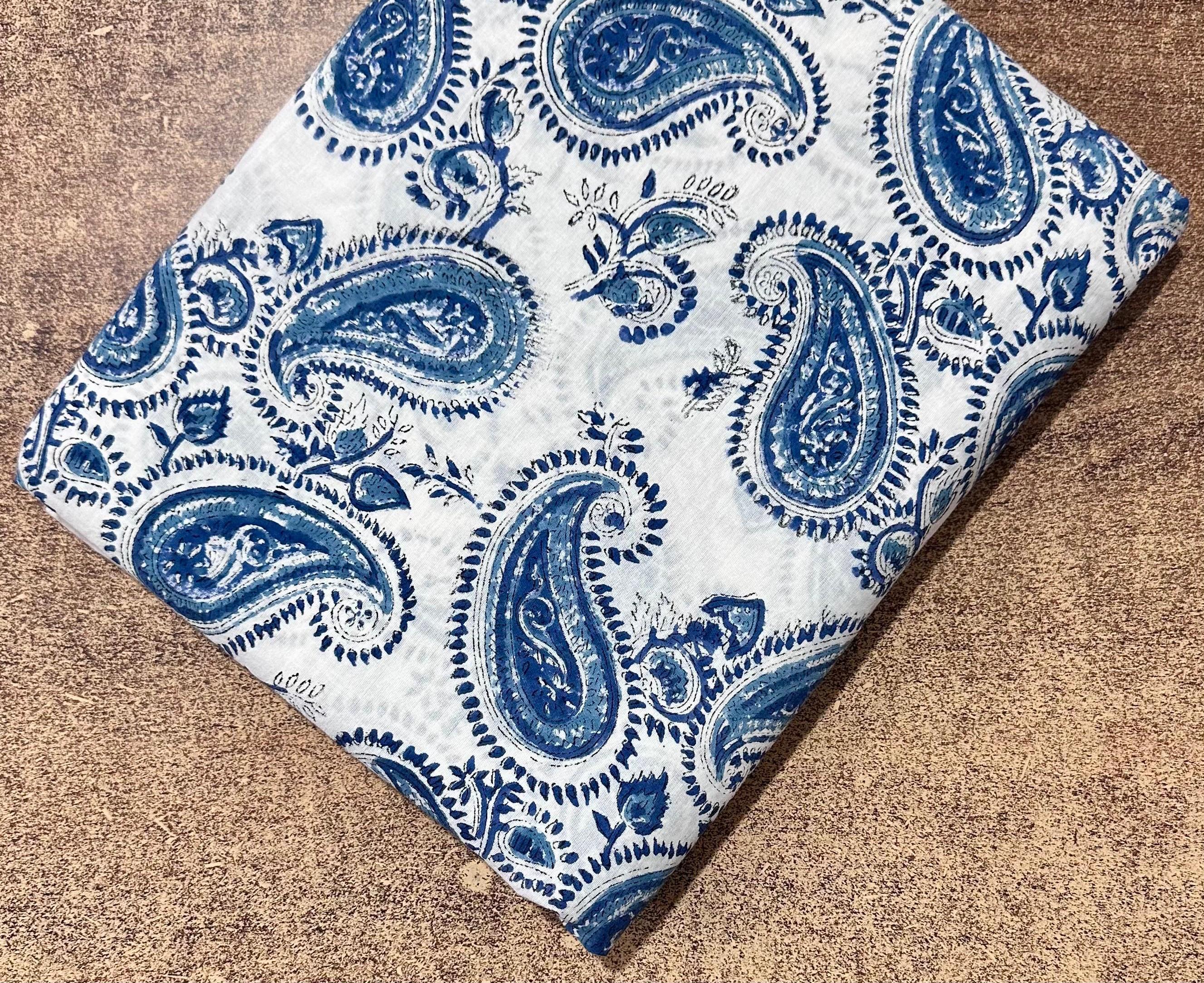 Indigo Blue Paisleyi Indian Hand Block Print Fabric, Soft Cotton Fabric, Floral 100% Cotton Fabric By The Yard, Fabric For Loose Running