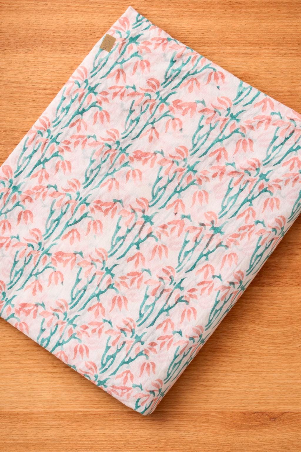 Colourful Hand Block Print Cotton Fabric, Coral Peach & Teal Floral Indian Cotton, Soft Printed Fabric by Yard for Sewing Quilting Textile